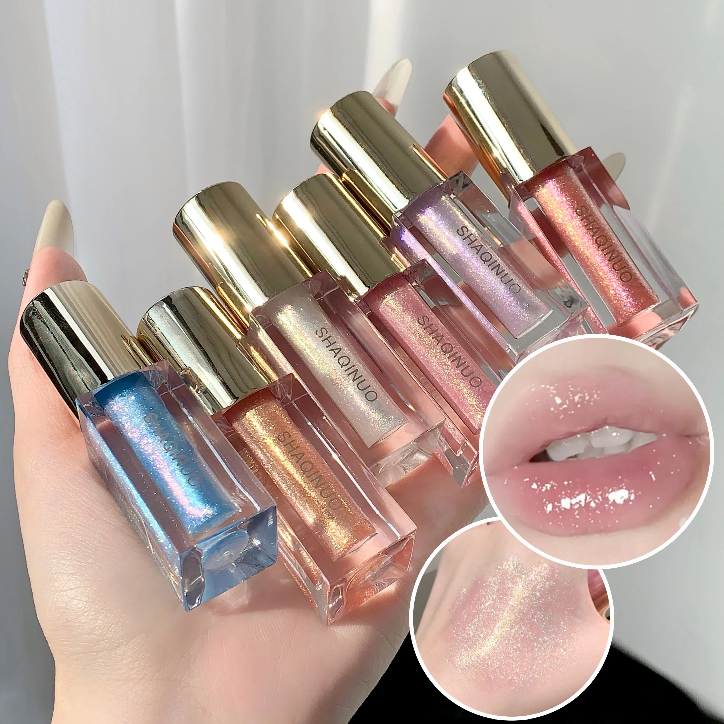 SHAQINUO Glittering Mirror Lip Glaze Set, Watery Shimmering Light Lip Gloss Makeup 6 Color, Hydrating Moisturizing, Long Lasting