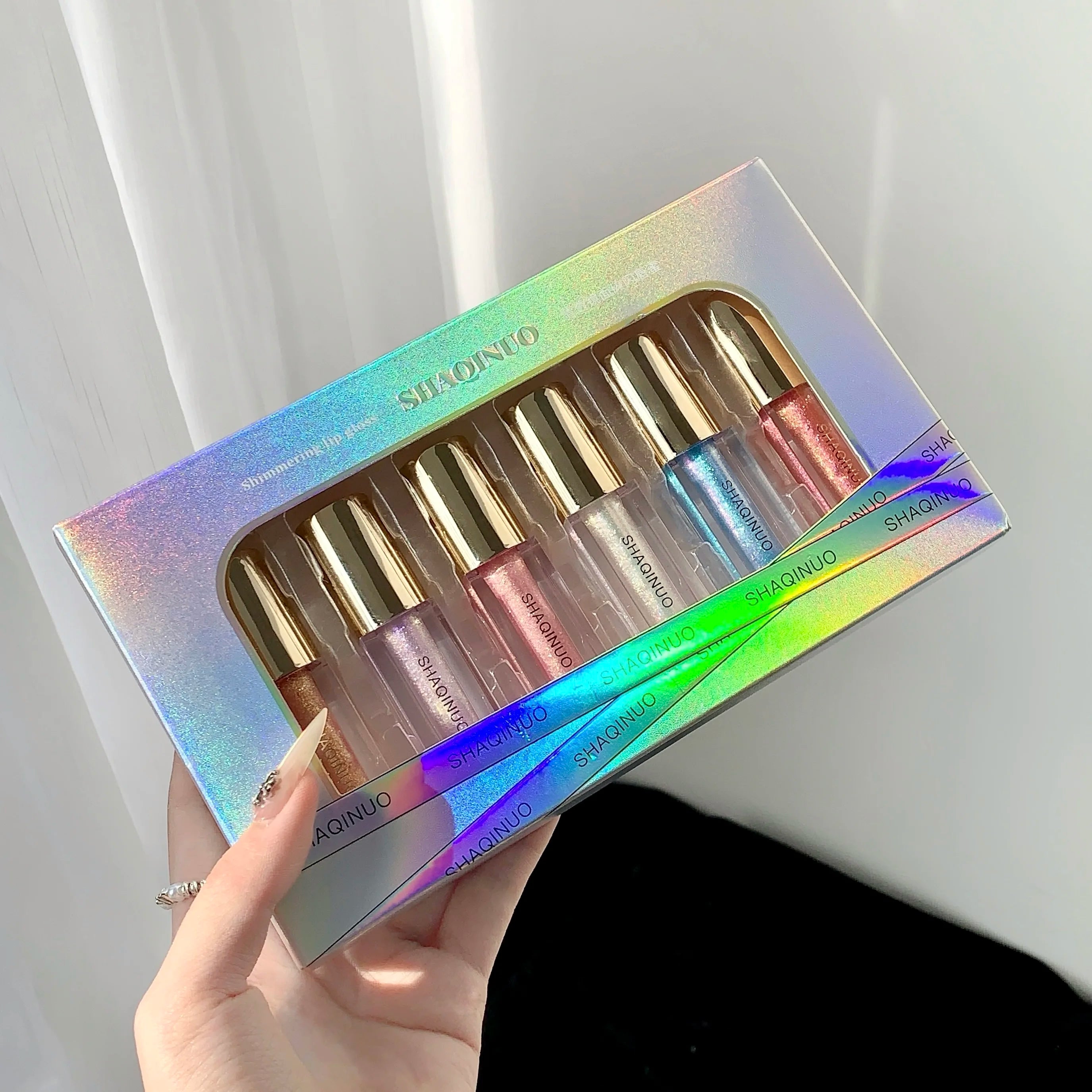 SHAQINUO Glittering Mirror Lip Glaze Set, Watery Shimmering Light Lip Gloss Makeup 6 Color, Hydrating Moisturizing, Long Lasting