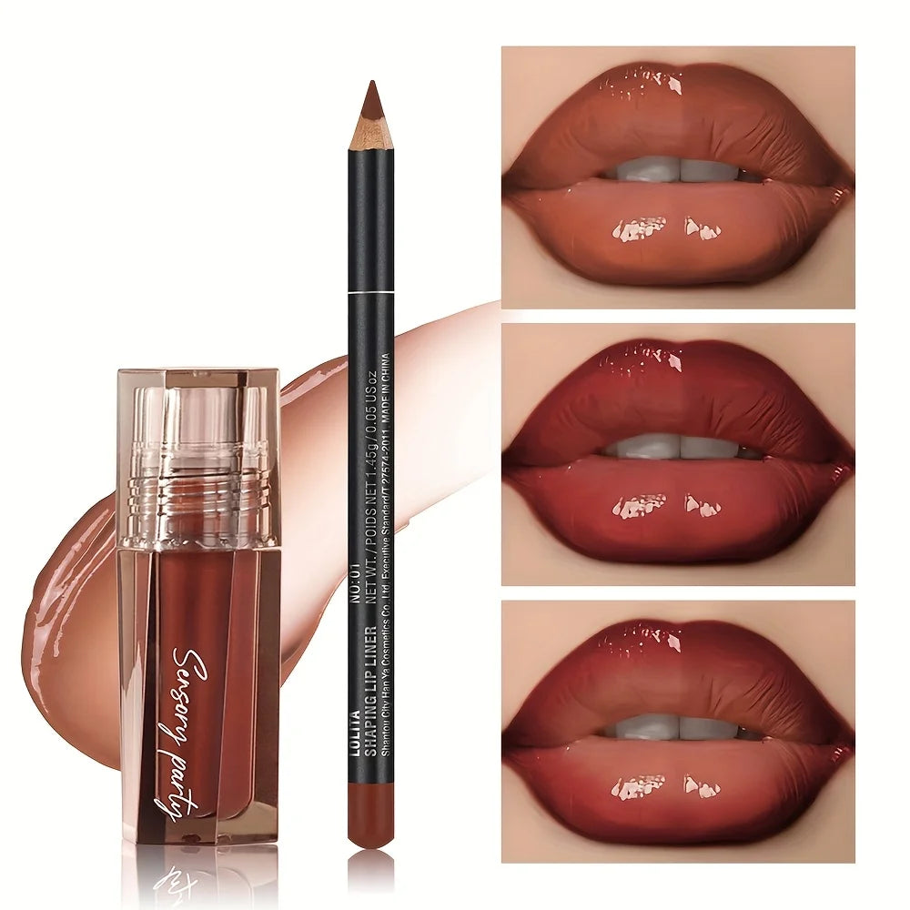 Lip Liner & Gloss Duo Set, 3D Precision Contour, High Shine Hydrating, Waterproof Sweatproof, No Smudge Longwear