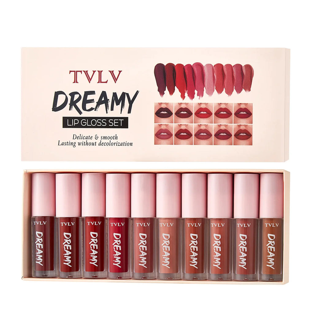 10-piece Dreamy Lip Color Set, Matte Satin Finish, Waterproof and Sweat-resistant Lip Gloss Gift Box