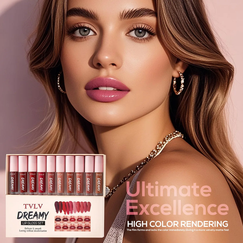 10-piece Dreamy Lip Color Set, Matte Satin Finish, Waterproof and Sweat-resistant Lip Gloss Gift Box