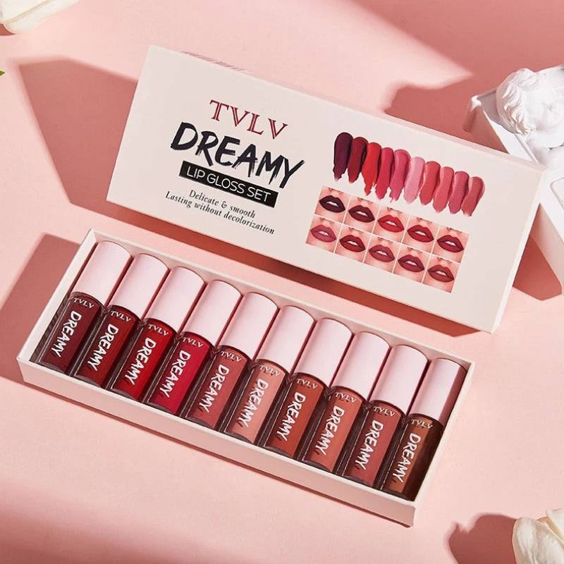 10-piece Dreamy Lip Color Set, Matte Satin Finish, Waterproof and Sweat-resistant Lip Gloss Gift Box