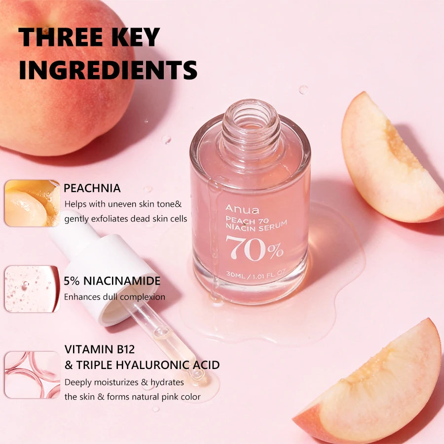 Anua Peach 70 nicotinamide essence, facial daily radiance essence, moisturizing glass effect, Korean skin care