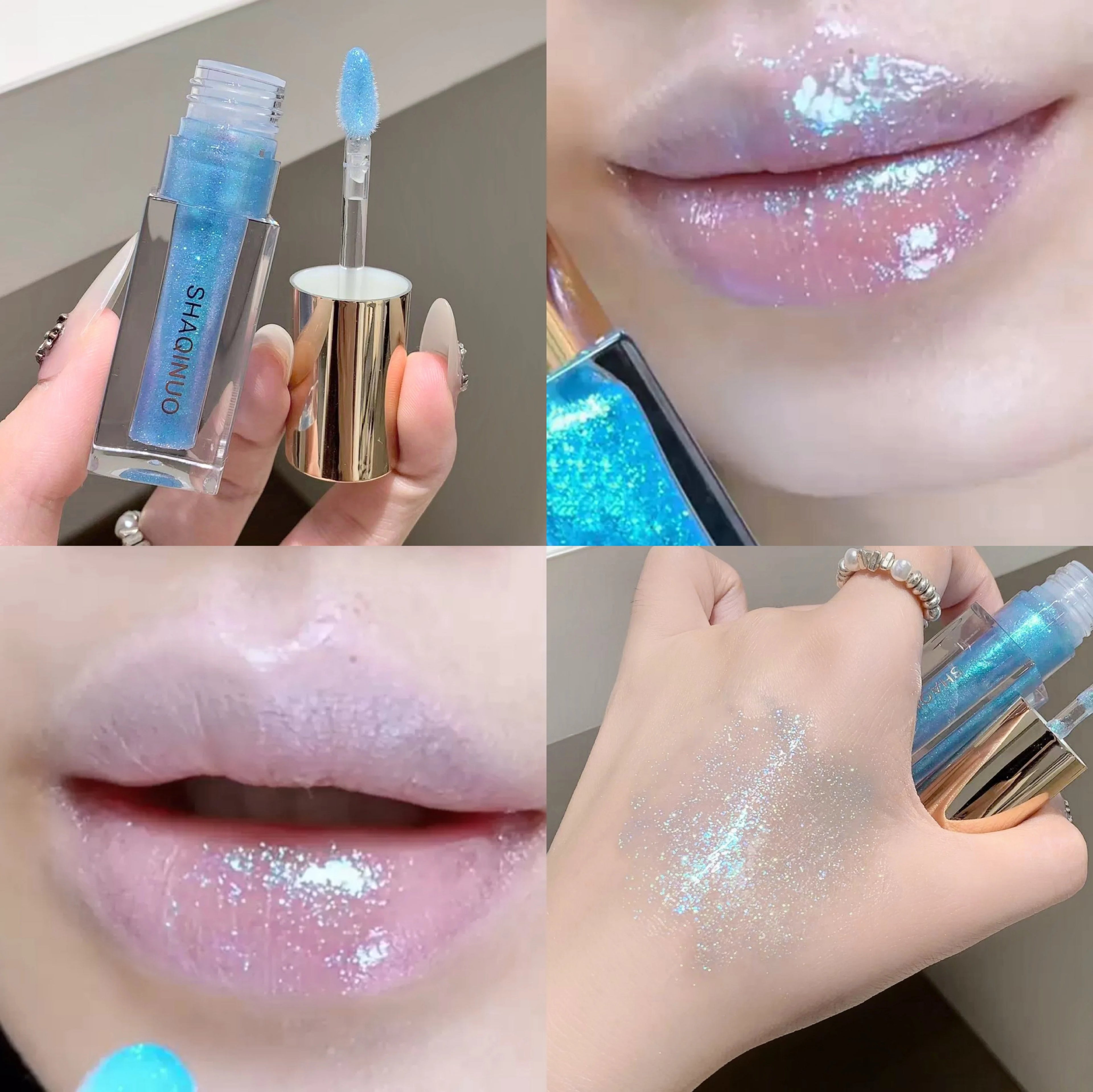 SHAQINUO Glittering Mirror Lip Glaze Set, Watery Shimmering Light Lip Gloss Makeup 6 Color, Hydrating Moisturizing, Long Lasting