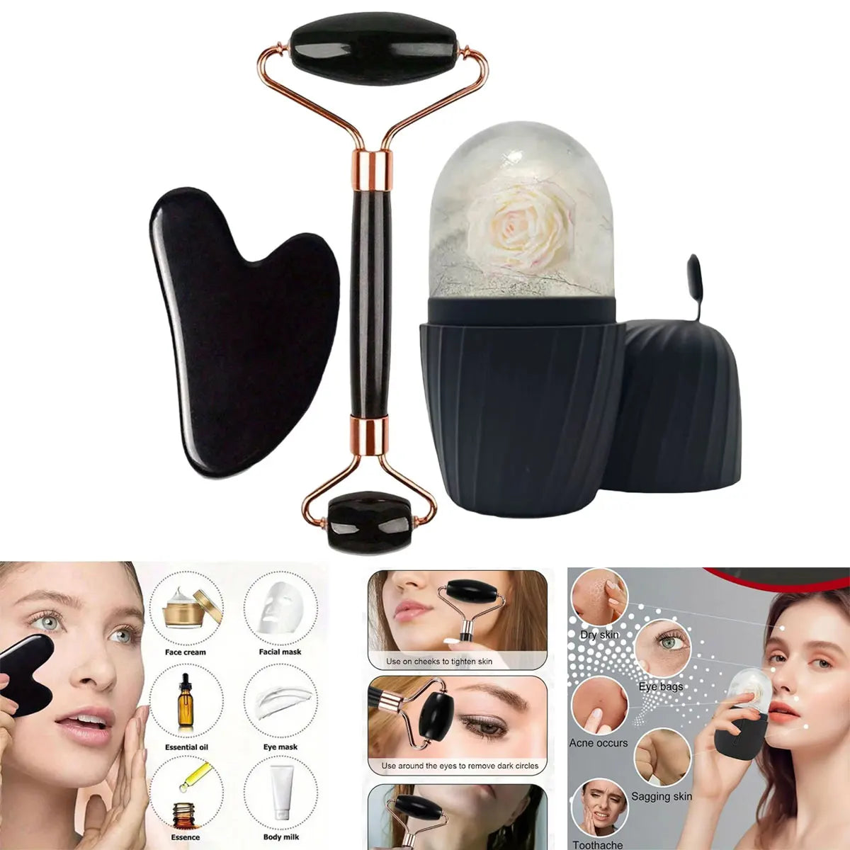 1/2/3pcs Ice Face Roller Set Facial Roller Gua Sha Mold Cube Face Massage Lifting Contouring Skin Care Tool