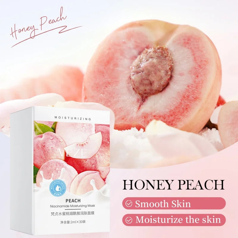 30 Pieces/Box, Peach Sleeping Mask, Contains Niacinamide, Stretchable Mask, Moisturizing and Non-Greasy, Nourishes and Moisturizes the Skin, Replenishes Moisture, Portable, Suitable for Home and Travel Use