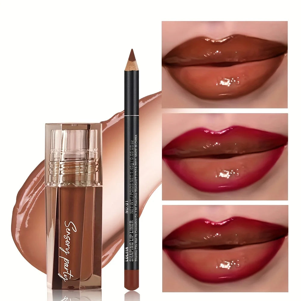 Lip Liner & Gloss Duo Set, 3D Precision Contour, High Shine Hydrating, Waterproof Sweatproof, No Smudge Longwear