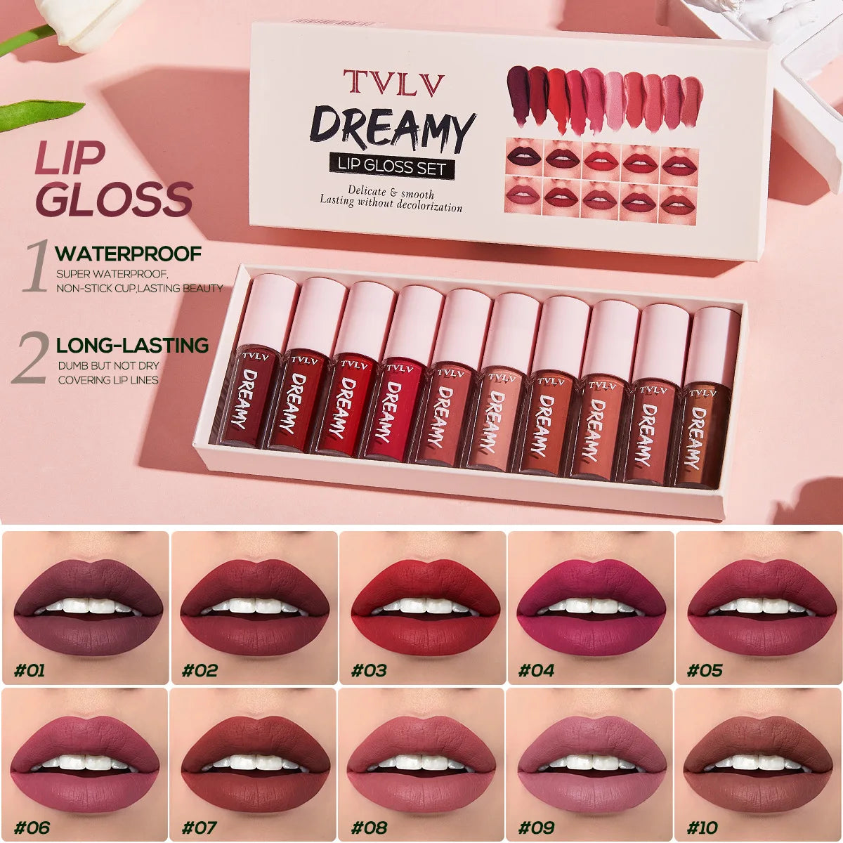 10-piece Dreamy Lip Color Set, Matte Satin Finish, Waterproof and Sweat-resistant Lip Gloss Gift Box